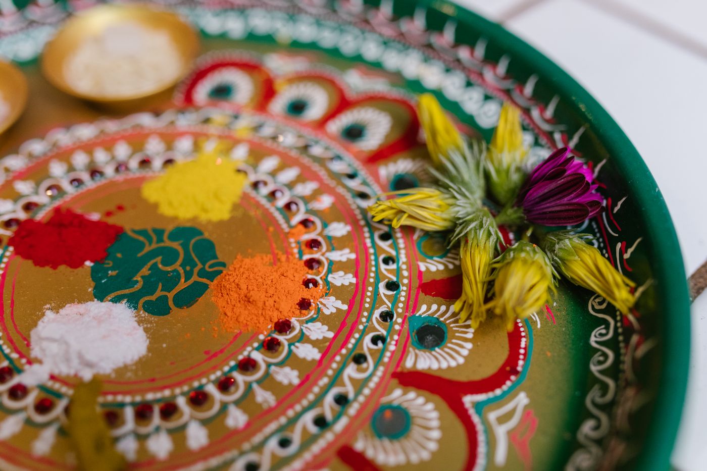 Traditional pooja thali set up for a home ceremony